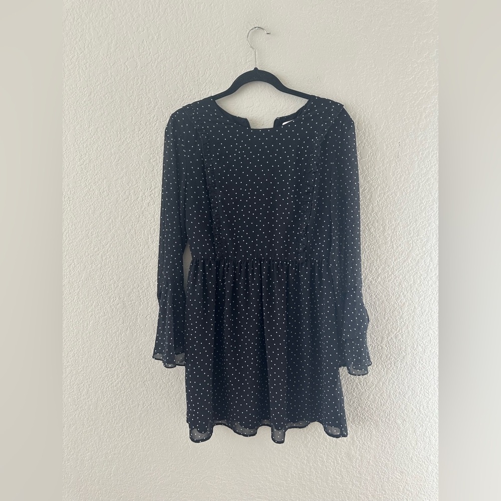 Leyden Black and White Polka Dot Fit and Flare Dress with Bell Sleeves - Picture 1 of 3